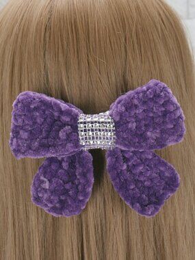 HAND CRAFTED Hair Bow Kids Crochet Chenille Velvet Hair Barrette Oversize Purple